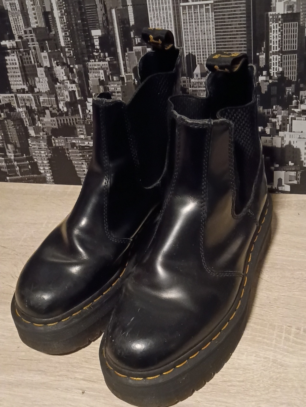 Dr. Martens Black Leather Chelsea Chukka Boots with Yellow Stitching